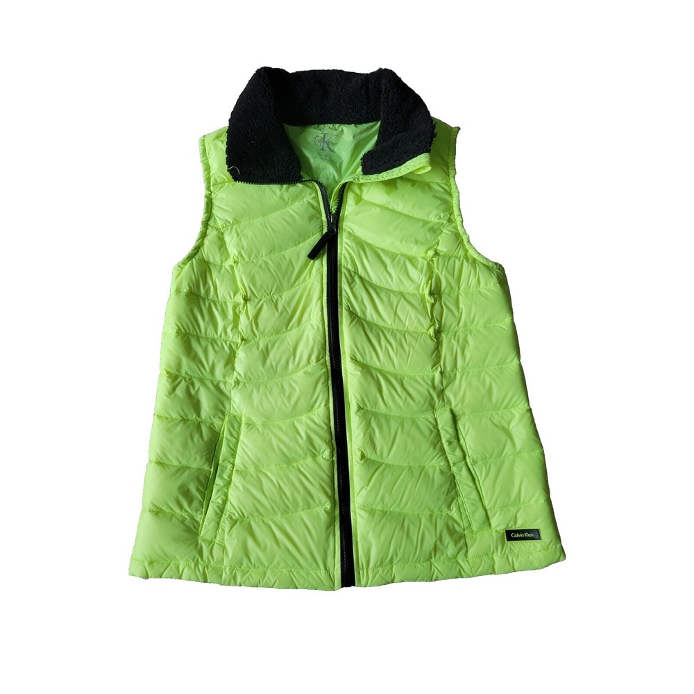 Calvin Klein Womens Puffer Vest Yellow Black Zip Up Down Fill Mock Neck Large